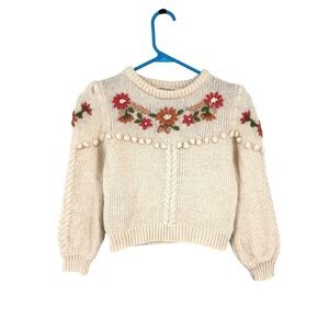 Abel & Lula Girls Cream Floral Embroidered Pom Pom Knit Sweater Jumper Size 8